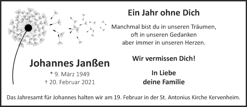  Traueranzeige für Johannes Janßen vom 19.02.2022 aus 
