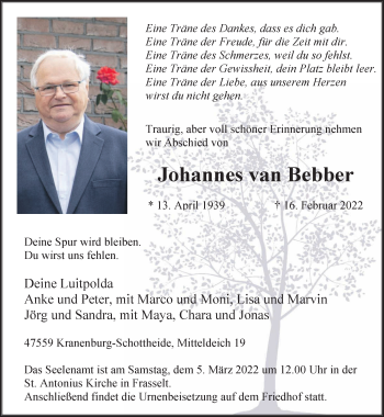Traueranzeige von Johannes van Bebber 