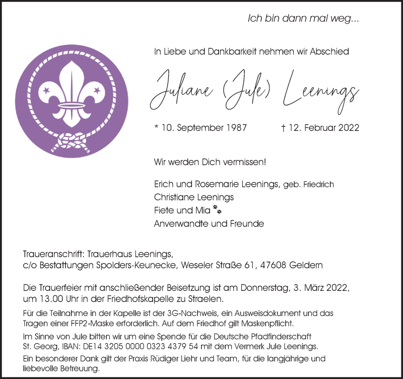  Traueranzeige für Juliane Leenings vom 23.02.2022 aus 