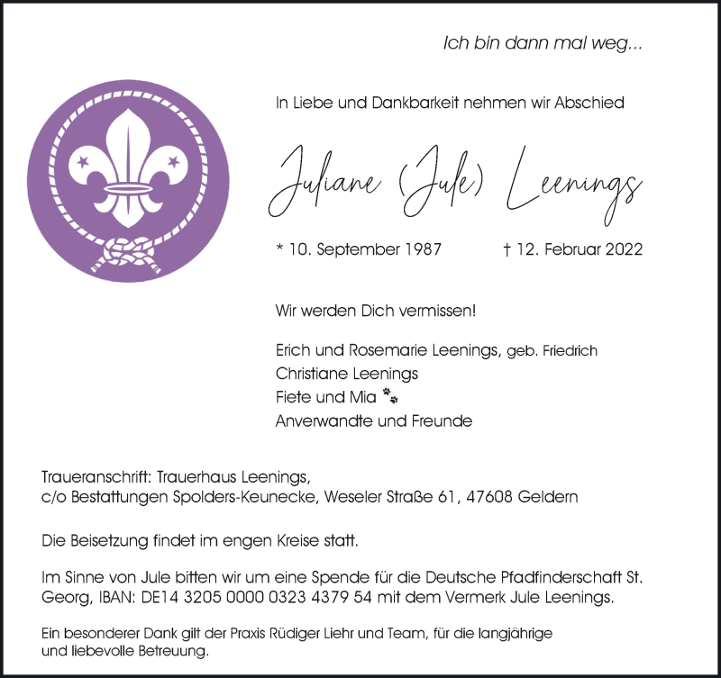  Traueranzeige für Juliane Leenings vom 19.02.2022 aus 