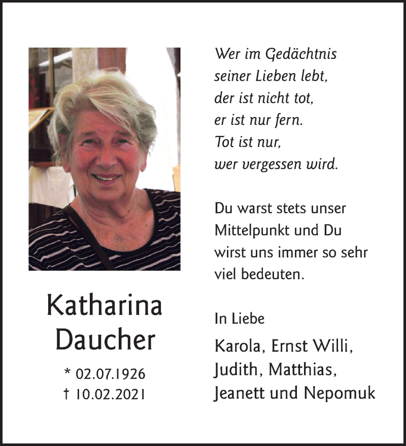  Traueranzeige für Katharina Daucher vom 12.02.2022 aus 