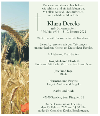 Traueranzeige von Klara Dercks 