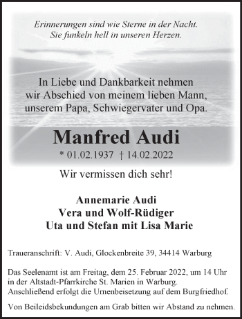 Traueranzeige von Manfred Audi 