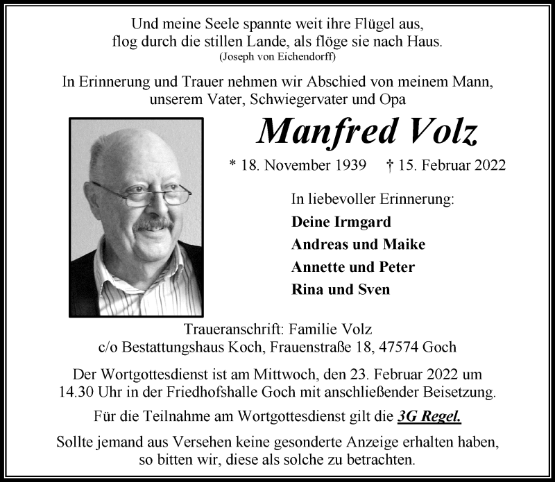  Traueranzeige für Manfred Volz vom 19.02.2022 aus 