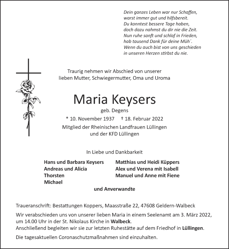 Traueranzeige für Maria Keysers vom 26.02.2022 aus 