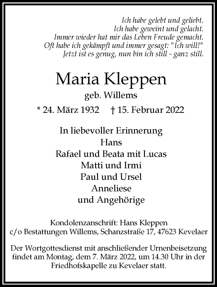  Traueranzeige für Maria Kleppen vom 26.02.2022 aus 