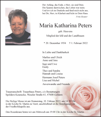 Traueranzeige von Maria Katharina Peters 