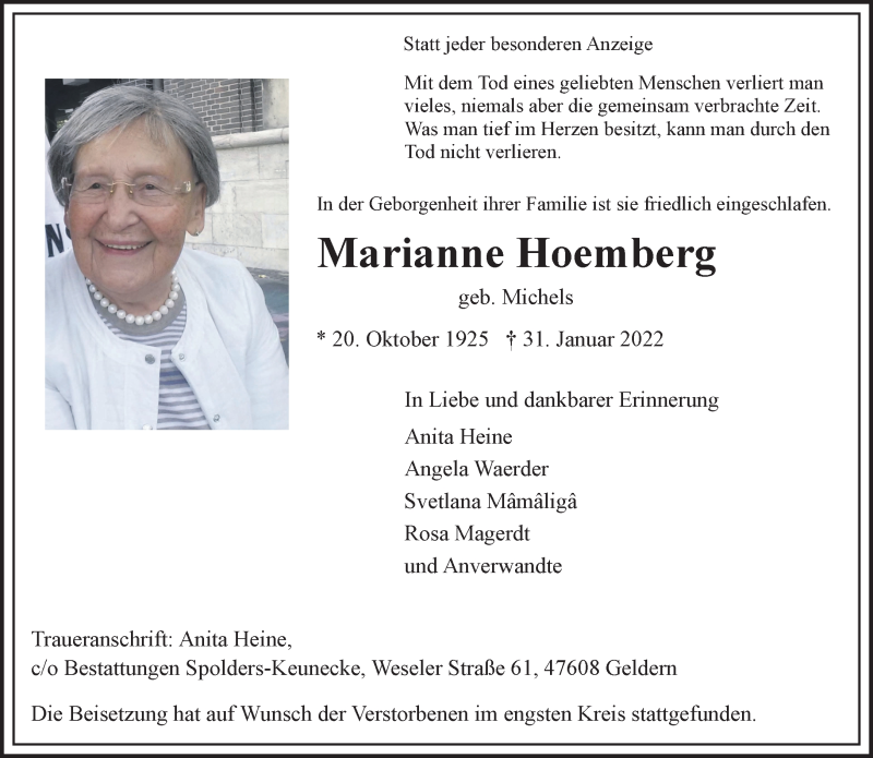  Traueranzeige für Marianne Hoemberg vom 12.02.2022 aus 