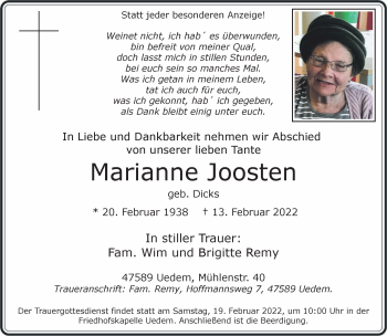 Traueranzeige von Marianne Joosten 