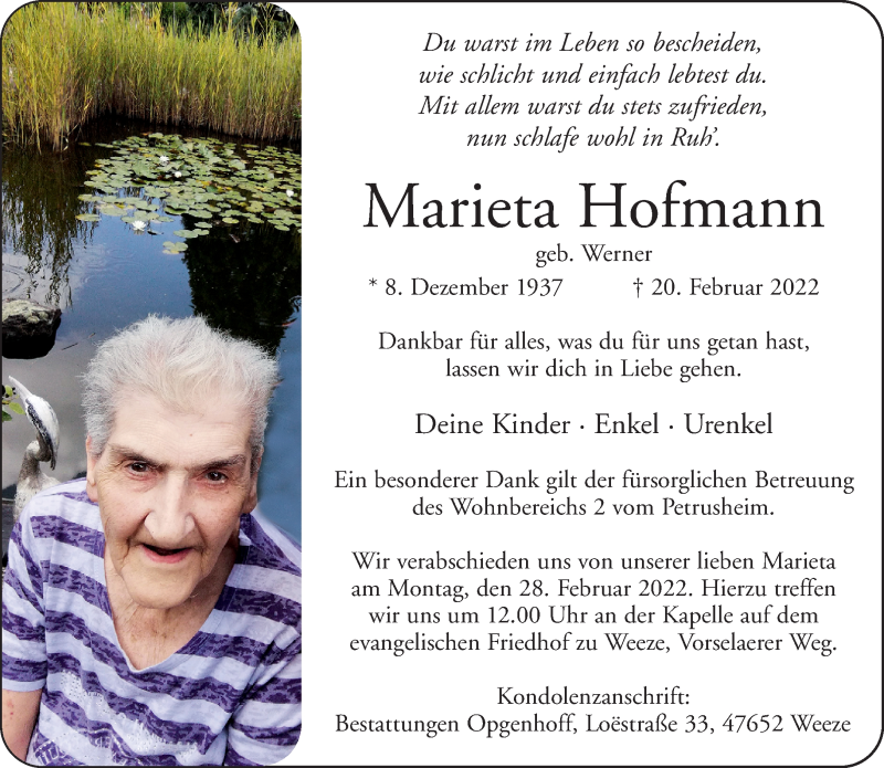  Traueranzeige für Marieta Hofmann vom 26.02.2022 aus 