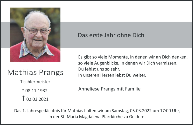  Traueranzeige für Mathias Prangs vom 26.02.2022 aus 