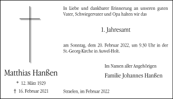 Traueranzeige von Matthias Hanßen 