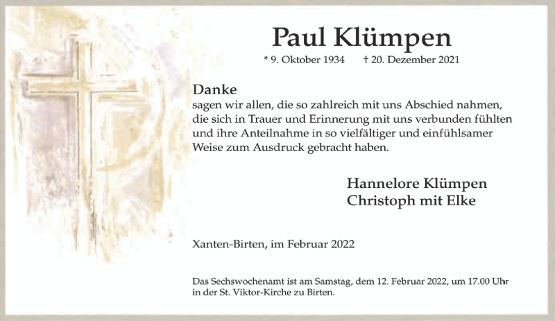  Traueranzeige für Paul Klümpen vom 05.02.2022 aus 