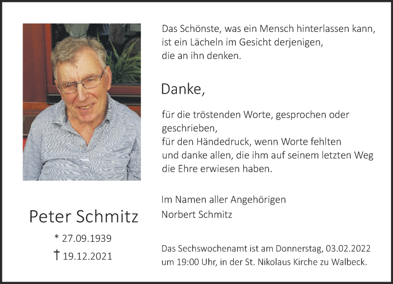  Traueranzeige für Peter Schmitz vom 02.02.2022 aus 