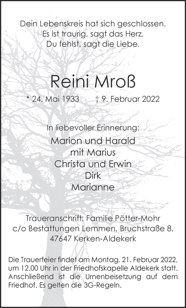  Traueranzeige für Reini Mroß vom 12.02.2022 aus 