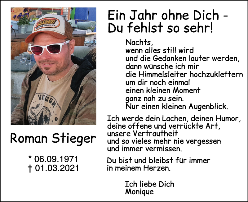 Traueranzeige für Roman Stieger vom 26.02.2022 aus 
