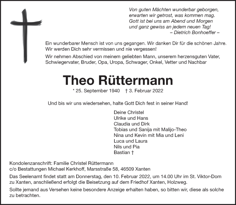  Traueranzeige für Theo Rüttermann vom 09.02.2022 aus 