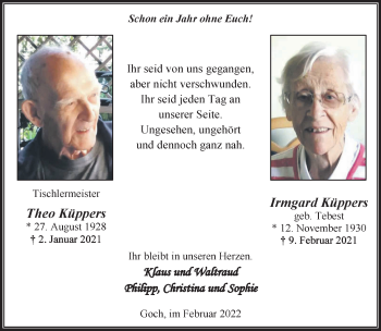 Traueranzeige von Theo und Irmgard Küppers 