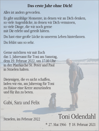 Traueranzeige von Toni Odendahl 