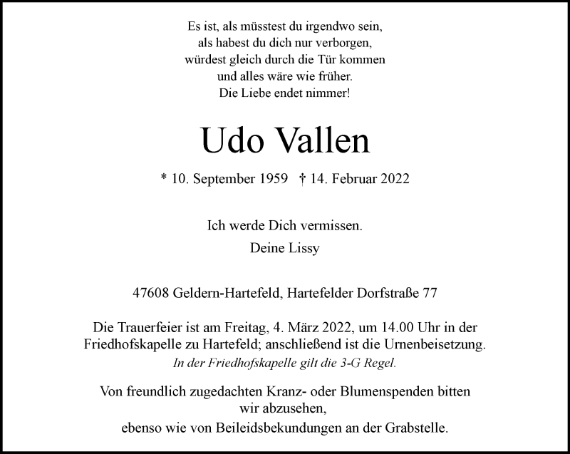  Traueranzeige für Udo Vallen vom 26.02.2022 aus 