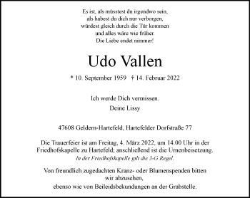 Traueranzeige von Udo Vallen 