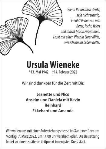 Traueranzeige von Ursula Wieneke 