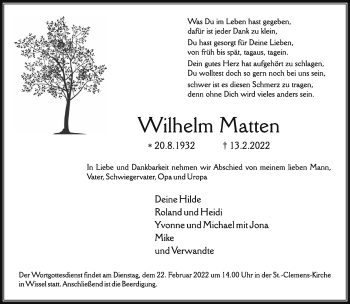 Traueranzeige von Wilhelm Matten 