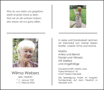 Traueranzeige von Wilma Webers 