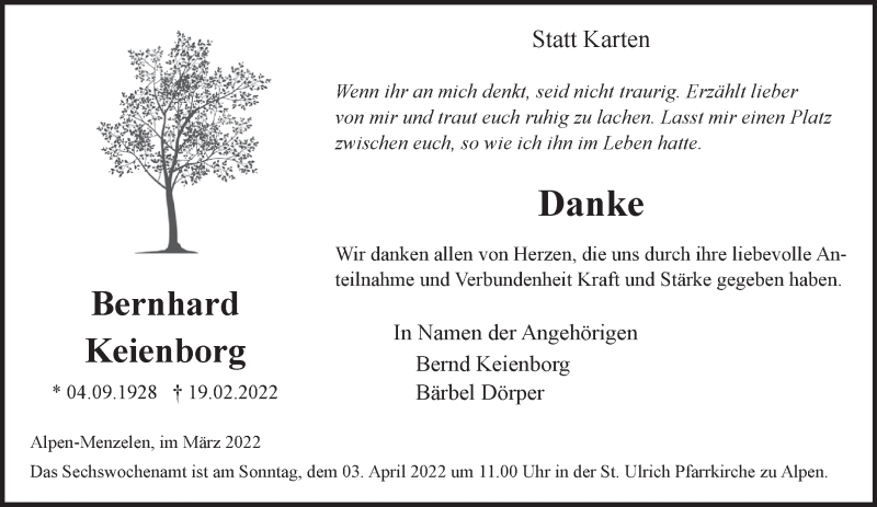  Traueranzeige für Bernhard Keienborg vom 30.03.2022 aus 
