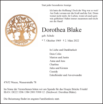 Traueranzeige von Dorothea Blake 
