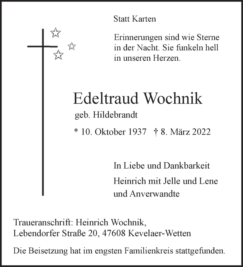  Traueranzeige für Edeltraud Wochnik vom 19.03.2022 aus 