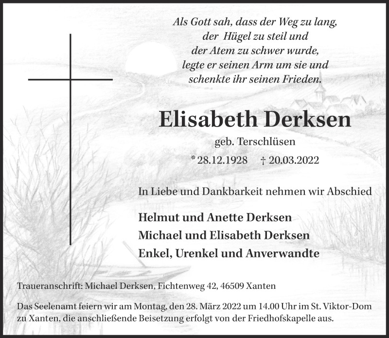  Traueranzeige für Elisabeth Derksen vom 26.03.2022 aus 