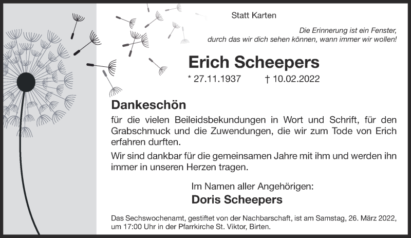  Traueranzeige für Erich Scheepers vom 16.03.2022 aus 