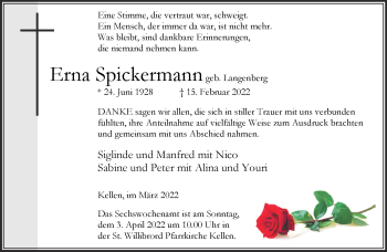 Traueranzeige von Erna Spickermann 