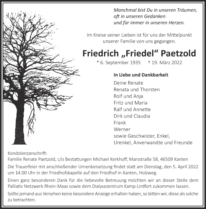  Traueranzeige für Friedrich Paetzold vom 30.03.2022 aus 