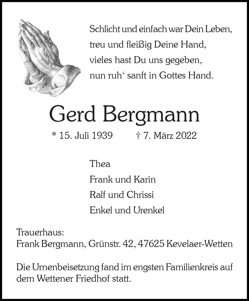  Traueranzeige für Gerd Bergmann vom 12.03.2022 aus 