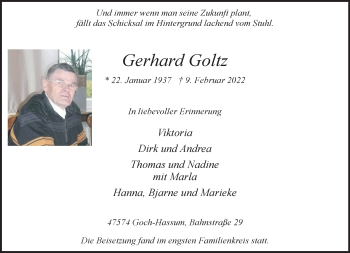 Traueranzeige von Gerhard Goltz 