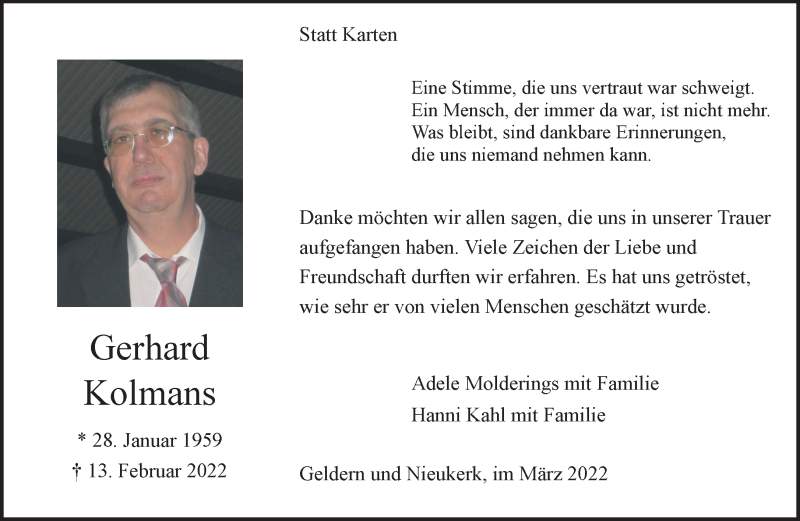  Traueranzeige für Gerhard Kolmans vom 26.03.2022 aus 