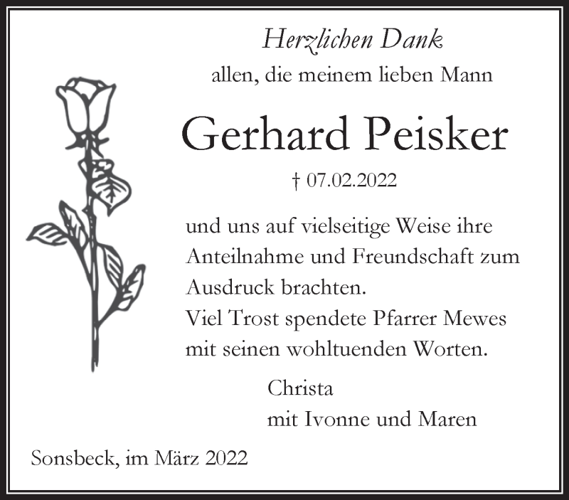  Traueranzeige für Gerhard Peisker vom 19.03.2022 aus 