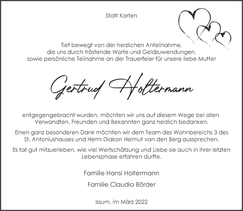  Traueranzeige für Gertrud Holtermann vom 26.03.2022 aus 