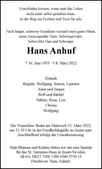 Traueranzeige von Hans Anhuf 