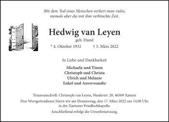 Traueranzeige von Hedwig van Leyen 