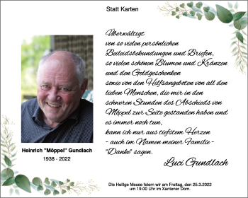 Traueranzeige von Heinrich Gundlach 