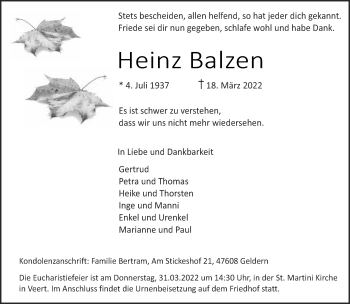 Traueranzeige von Heinz Balzen 