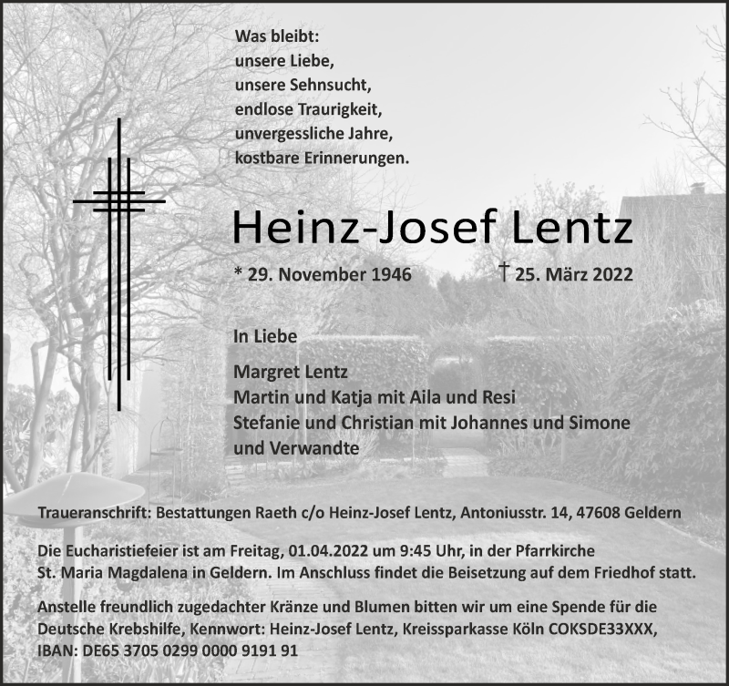  Traueranzeige für Heinz-Josef Lentz vom 30.03.2022 aus 