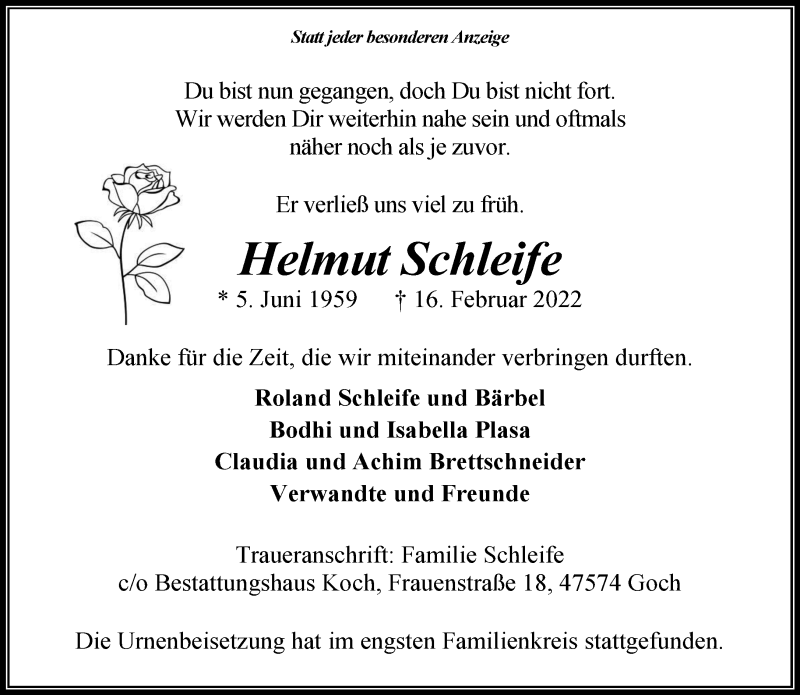  Traueranzeige für Helmut Schleife vom 05.03.2022 aus 