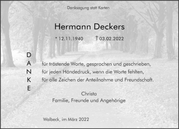 Traueranzeige von Hermann Deckers 