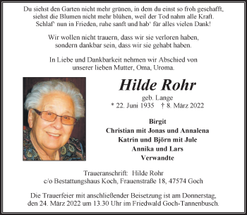Traueranzeige von Hilde Rohr 
