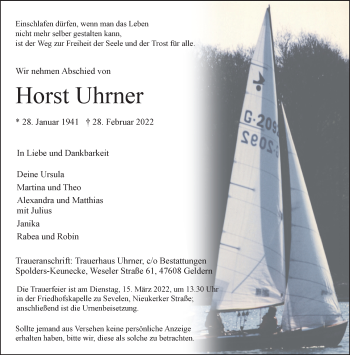 Traueranzeige von Horst Uhrner 