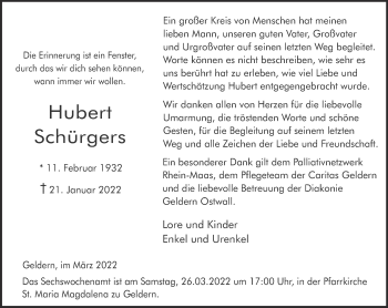 Traueranzeige von Hubert Schürgers 